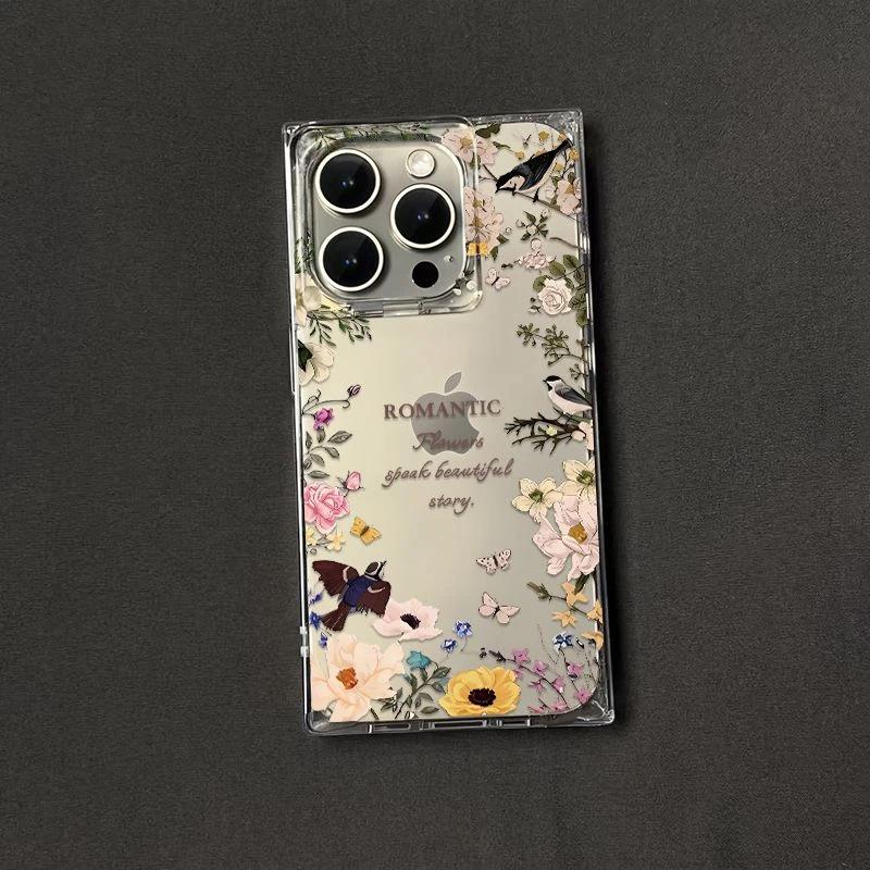 ins summer flower and bird suitable for iPhone17promax mobile phone case Apple 15/16 ice crystal square 13 soft case 14