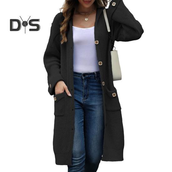 

Женский вязаный кардиган с капюшоном, длинный рукав, однобортный свитер, пальто с карманами, однотонный свободный крой, трикотаж средней длины L чёрный