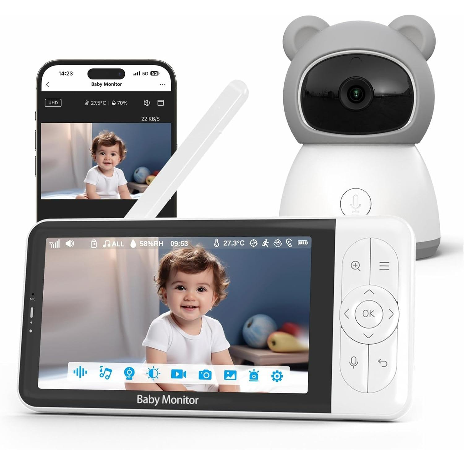 Baby Monitor with Camera and Audio, Smart WiFi Baby Monitor with Split Screen & Camera,Night Vision,Motion Detection,Lullabies,Two-Way Talk,Long Range