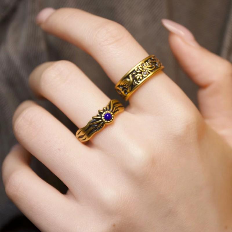 Adjustable Open Ring Men Women Copper Electroplated Antique Gold Geometric Design Lapis Lazuli Inspired Minimalist Fashion