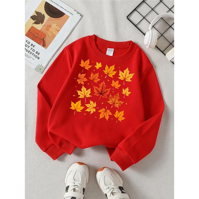 Autumn Leaves Pattern Maple Orange Yellow Girls' Fashionable Crewneck Sweatshirt, Autumn and Winter Western Style Top