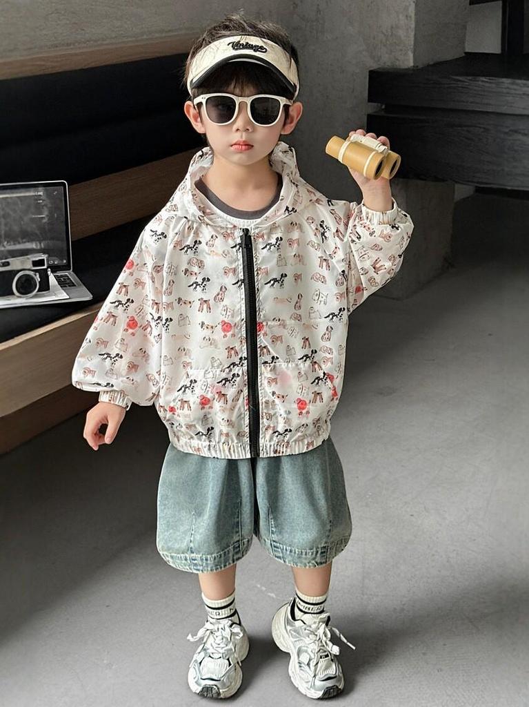 Toddler & Young Boys' 2026 Summer Sun Protection Hooded Jacket - Cartoon Puppy Print, Breathable & Light