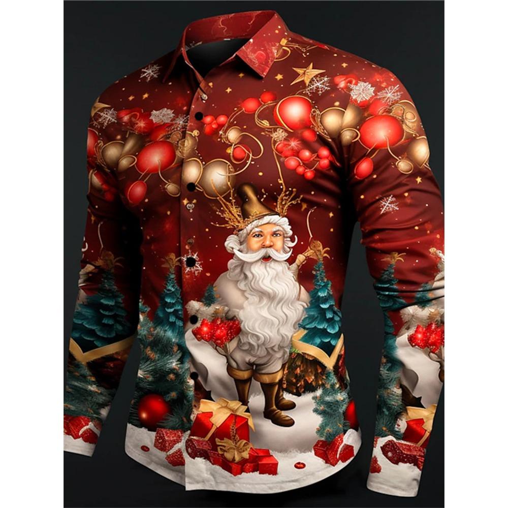 Gift Christmas Tree Print Men's Long Sleeve Shirt Urban Street Men's Fashion Christmas Shirt Autumn And Winter Casual Mens Shirt