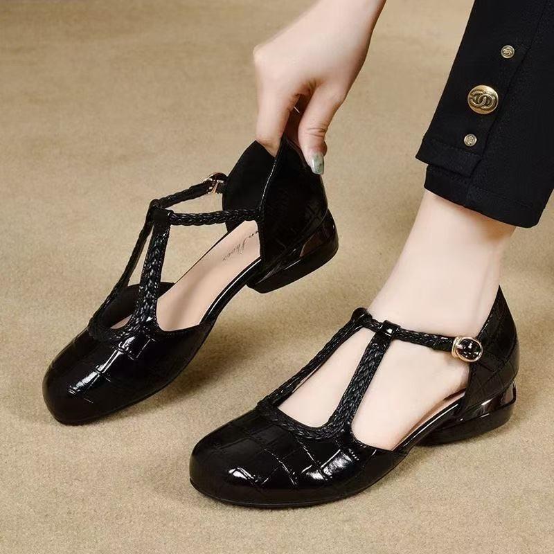 Design sense niche woven soft leather hollow Mary Jane small leather shoes versatile soft sole thick heel bag head sandals women