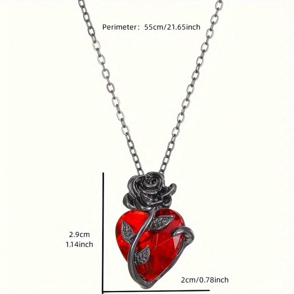 1 Gothic Y2K Red Heart and Rose Pendant Necklace, Women's Casual Fashion Jewelry, Ideal Gift