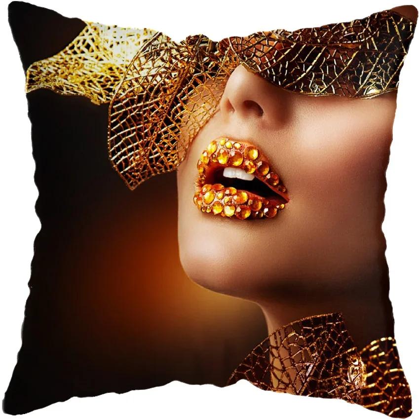 45*45CM Modern Living Room Black Gold African Lady Woman Style Look Art Deco Sofa Pillowcase Cushion Cover