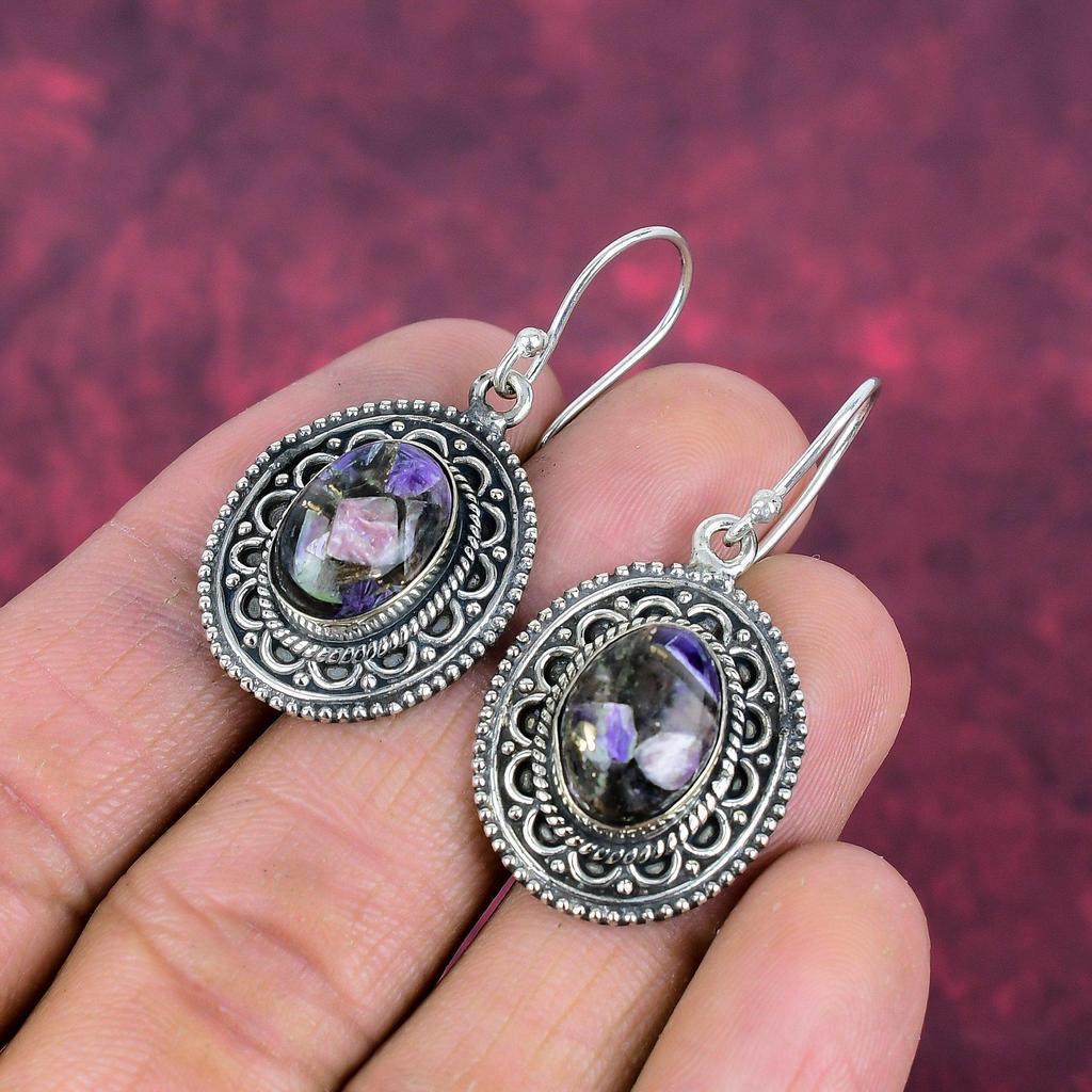 Copper Charoite 925 Solid Sterling Silver Earrings, Handmade Gemstone Earrings Jewelry, Gifts For Wife Brand New Earrings