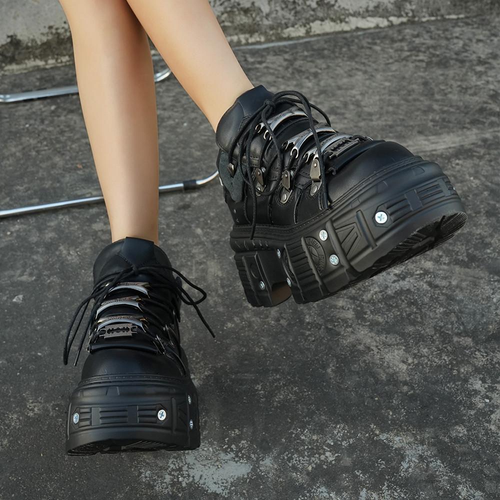 Ghete noi de gleznă pentru femei în stil punk de primăvară, cu șireturi, cu vârf rotund, cu talpă groasă, cu platformă, Botas Mujer, Adidași negri pentru bărbați