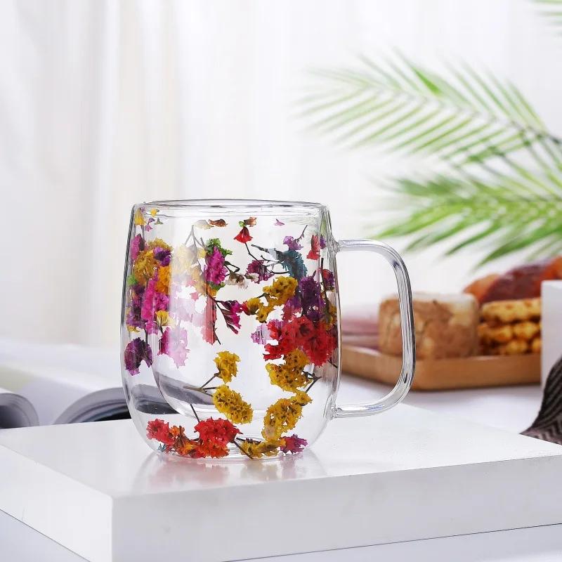 250ml / 350ml Double Wall Glass Cup Dry Flowers Insulated Flowers Espresso Cup Coffee Mugs Dual Layered Glass Cups Dried Flowers