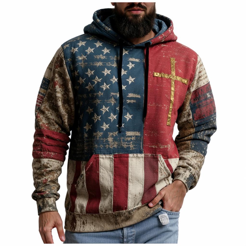 Men's Vintage Casual American Flag Cross Hoodie Patriotic Shirt