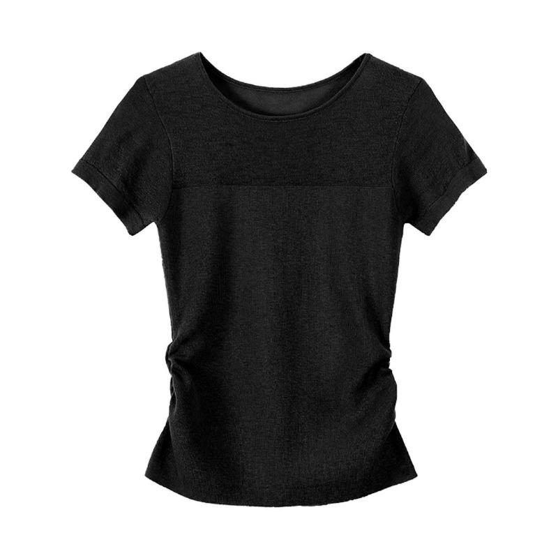Korean Style Pure Waist-hugging and Pleated Thin Short-sleeved Knitted T-shirt In Summer Latest Slim Body