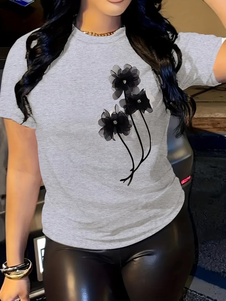 Dam T-shirt Casual Svart Blommönster Kortärmad Rundhals Topp Lätt Andningsbart Tyg Dam T-shirts Kläder