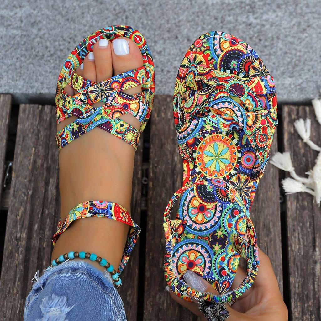 2025 summer new large size flat sandals women's outer wear color matching elastic band ethnic style beach women's sandals