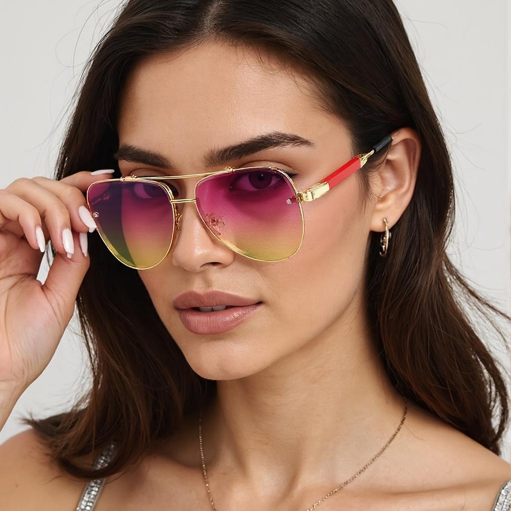 Latest in Sunglasses for Women Trendy Styley Gradient Lenses Golden Borders Red Temple Glass Minimalist Design Exudes Modernity