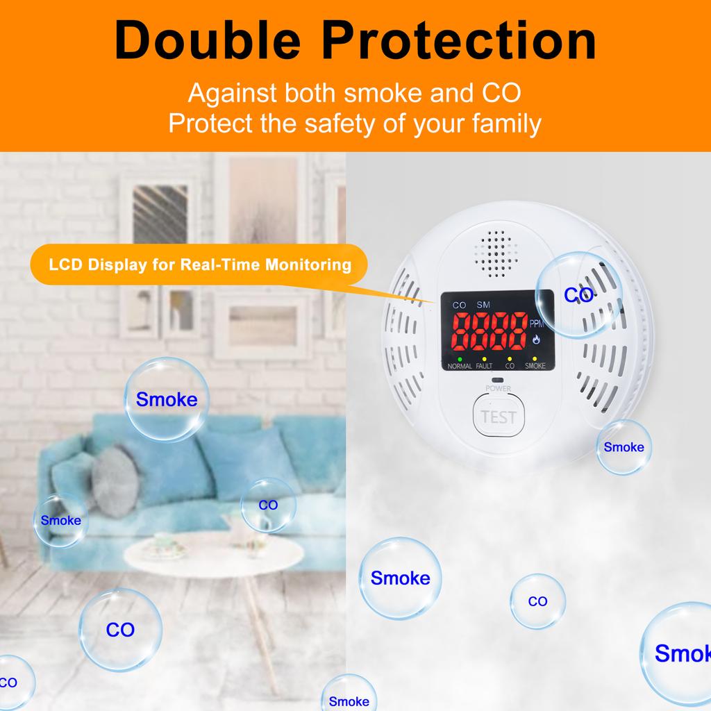 2 In 1 Smoke Carbon Monoxide Alarm Detector Dual Sensor with LCD Display Screen for Hotels Office