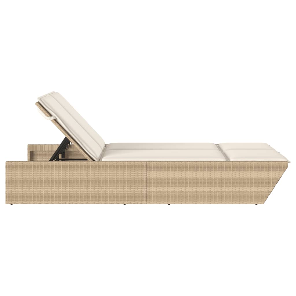 Double Sun Lounger with Cushions Beige Poly Rattan