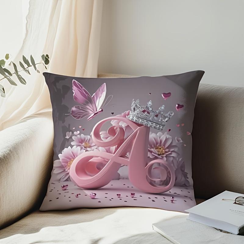 1Pc Pink Floral Crown Butterfly Pillow Cover, Polyester 2D Double Sided Print Cushion Case, Initial Letter A Throw Pillowcase, C