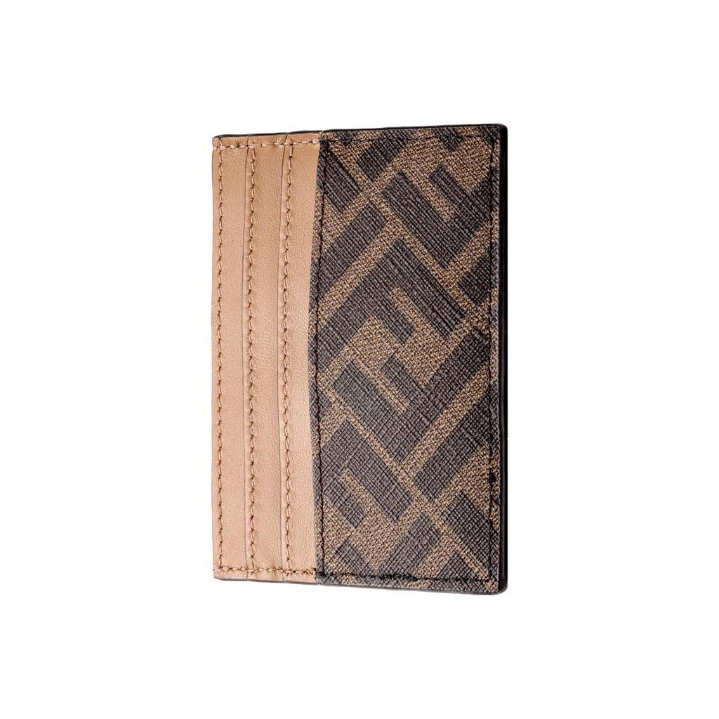 FENDI Classic Double F Logo Contrast-Striped Calfskin Card Holder for Men in Brown