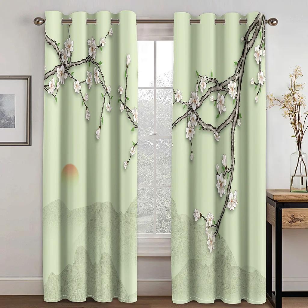 Chinese Drape Flower Bird Branch Print Curtain for Bedroom Room Balcony Floor-to-ceiling Window Kitchen Blinds Curtain 2 panels