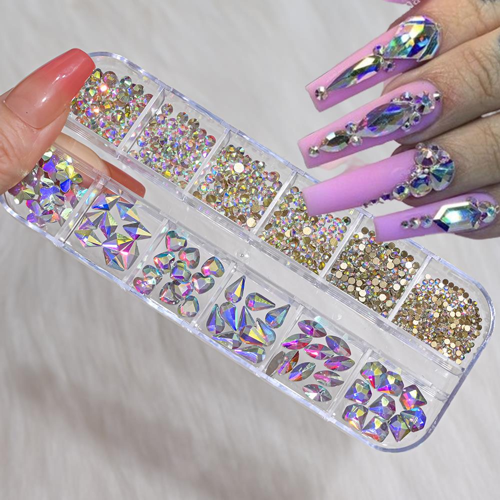 12 mřížek 3D safírově modré kamínky na nehty více tvarů plochý zadní strana skleněný diamant přívěsky na nehty DIY řemesla Oblečení Nehty Příslušenství
