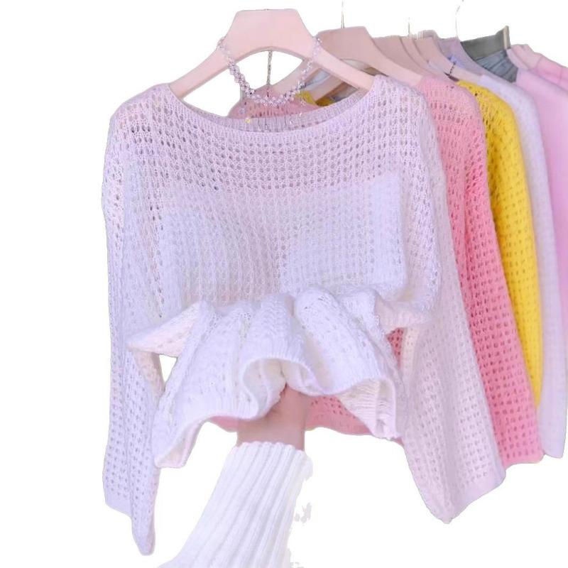 Spring and summer new hollow thin crew neck knitted sweater top loose lazy wind sunscreen blouse pullover woman