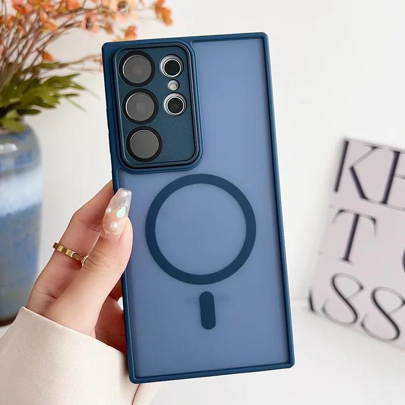 For Samsung Galaxy S24 S23 S22 Ultra Plus + Magnetic Phone Case with Camera Lens Film Protection Matte Soft Cover