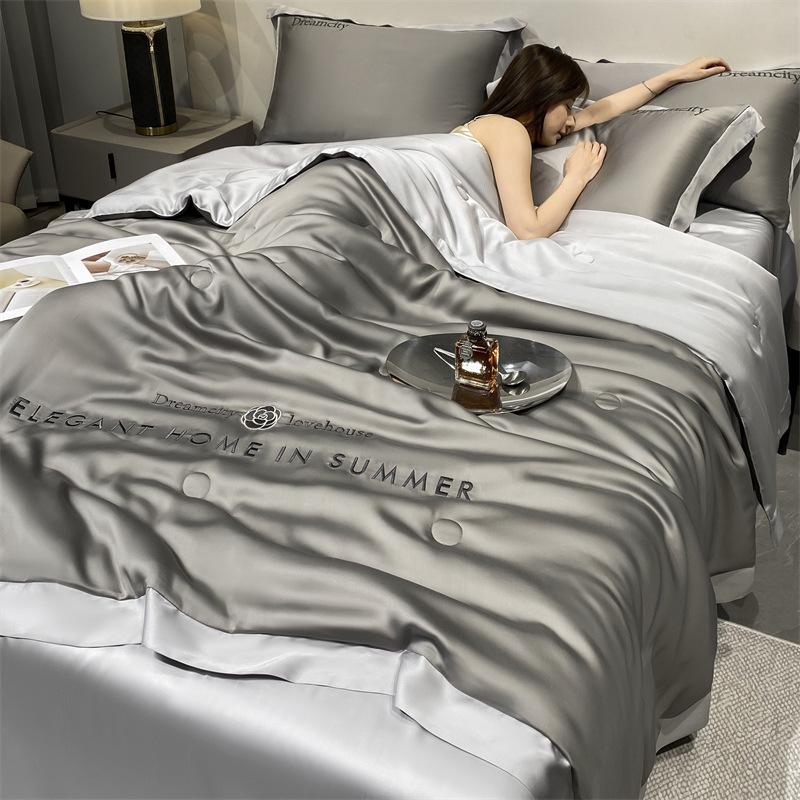 Class A Ice Silk Water Washable Summer Quilt Set - Naked Sleep Embroidery, Thin Blanket, Air Conditioning Quilt, Four-Piece Gift.