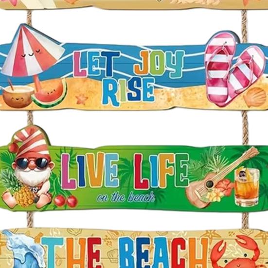 Summer Beach Wood Sign Plaques, with Hemp Rope Outdoor Decoration, Durable Wall Art for Porch Balcony Pool Party Vacation