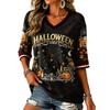 Women's Halloween Print V-Neck T-Shirt, Short Sleeve Casual Pullover Top for Everyday Wear
