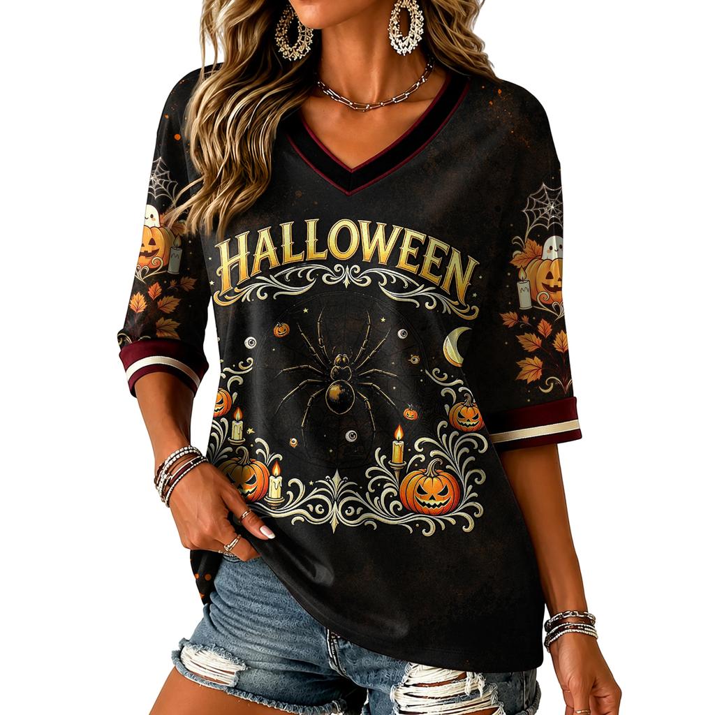 Women's Halloween Print V-Neck T-Shirt, Short Sleeve Casual Pullover Top for Everyday Wear