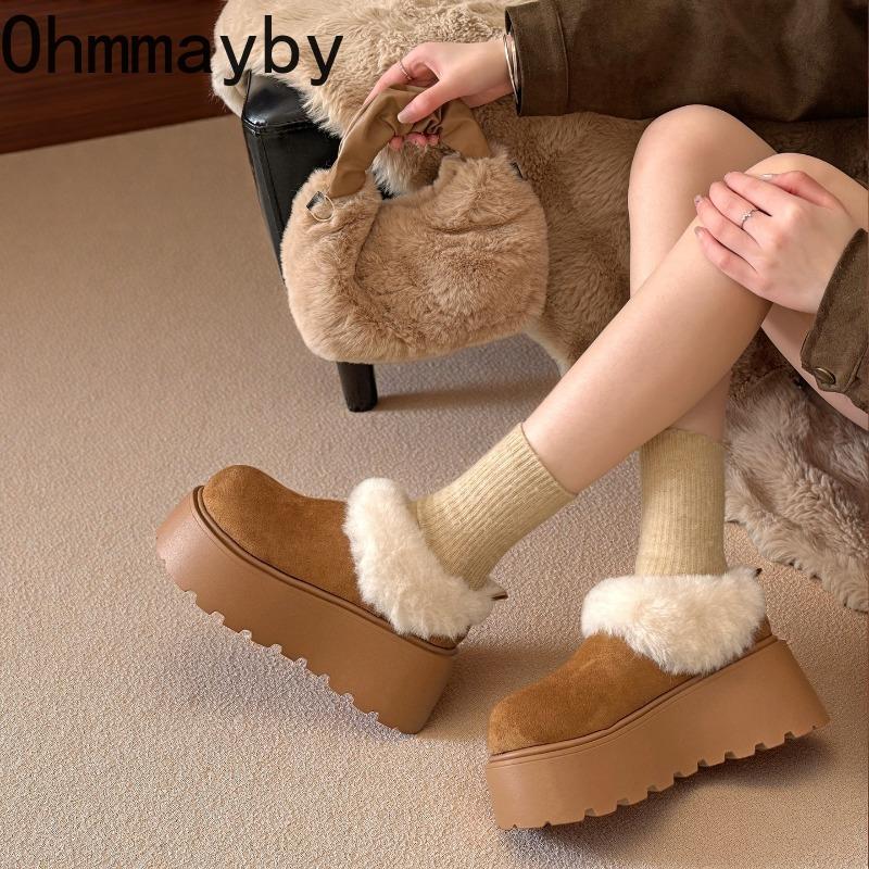 Winter Platform Flats Women Fur Lining Snow Boots Concise Round Toe Slip On Shoes Ladies Comfort Warm Cotton Short Booties