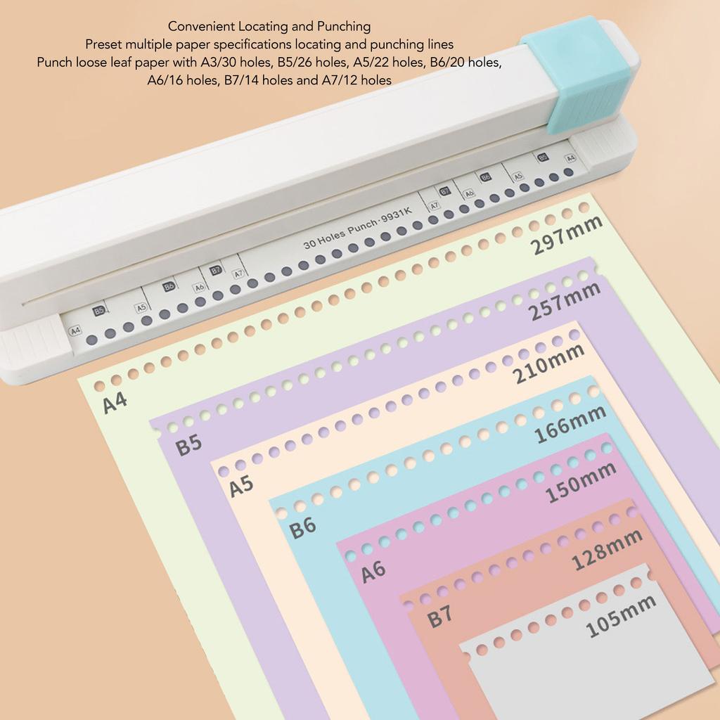 30 Holes Puncher Portable Hand Push Hole Punch for A4 B5 A5 B6 A6 B7 A7 Paper Binders Planners Notebooks