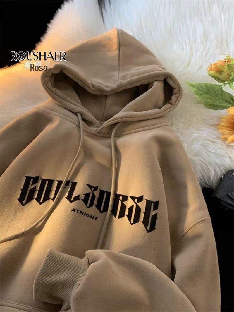 

Мужская толстовка с капюшоном и буквенным принтом - весна/осень, ретро-модный повседневный топ L хаки