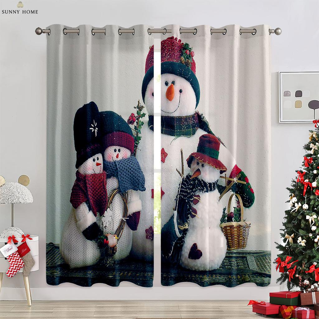 Cute Cartoon Snowman Christmas Decoration Curtains Bedroom Restaurant New Year Holiday Party Decoration Curtains 2 Pieces