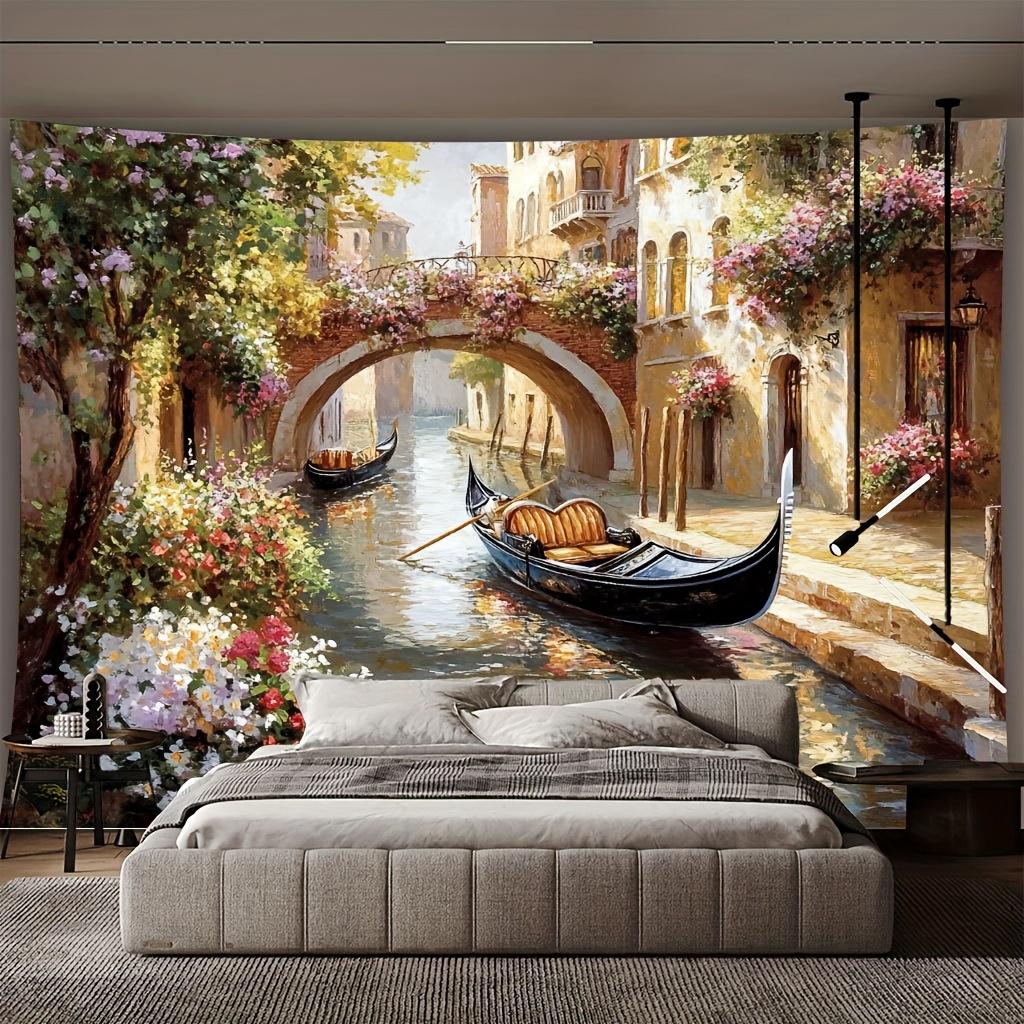 Venice Gondola Ride Tapestry - Romantic Italian Canal Scene with Ancient Bridges & Floral Decor, High-Quality Polyester Wall Han