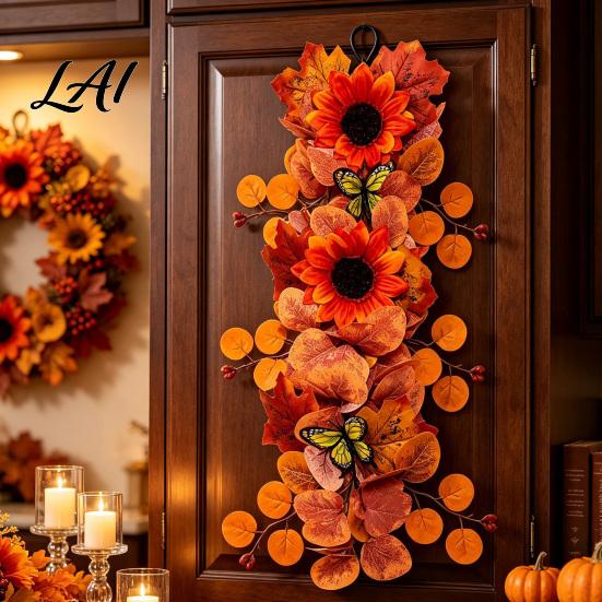 Elegant Multi-layer Maple Leaf Wreath Artificial Fall Sunflower Wall Hanging Garland with Butterfly Autumn Lifelike Butterfly Harvest for