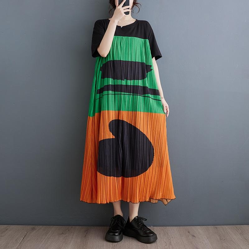 

Шифоновое винтажное плиссированное новое платье больших размеров с коротким рукавом для женщин, повседневное свободное длинное летнее платье синий