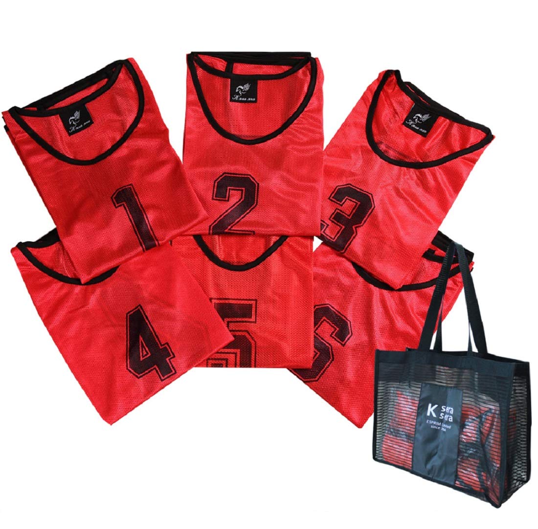 

[K sera sera] Bibs, 12-piece or 6-piece set, numbered bibs, with storage bag, 5 colors available, game vests for soccer, basketball, futsal (Red, 6-pi