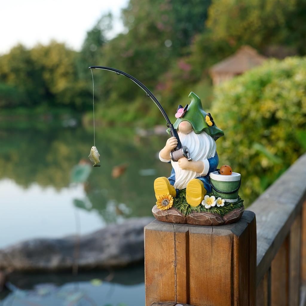 Valery Madelyn Gardening Goods Gardening Ornament Earth Fairy Gnome Fishing Day Garden Light Solar Light Outdoor Garden Decoration Garden Ornament Out