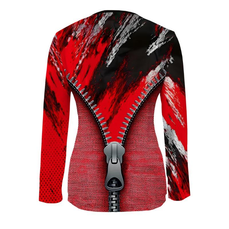 Lässiger und bequemer Stil Malerei gefälschter Reißverschluss und unregelmäßige Textur Elemente bedrucktes Muster Code Damen Rundhals Reißverschluss Langarm