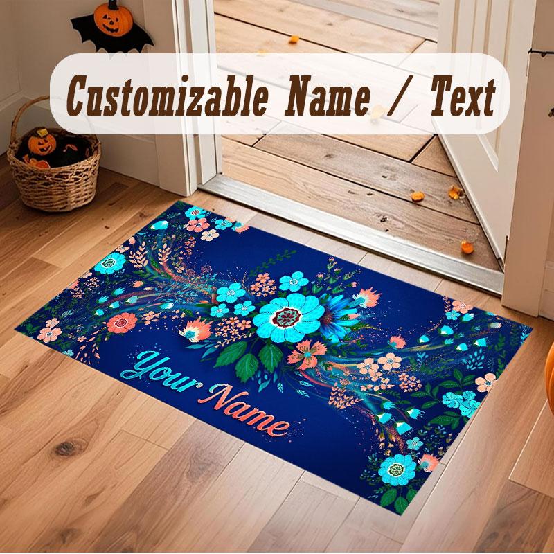 Floral Garden Theme Crystal Velvet Floor Rug Personalized Custom Name Text Warm Carpet Home Decoration