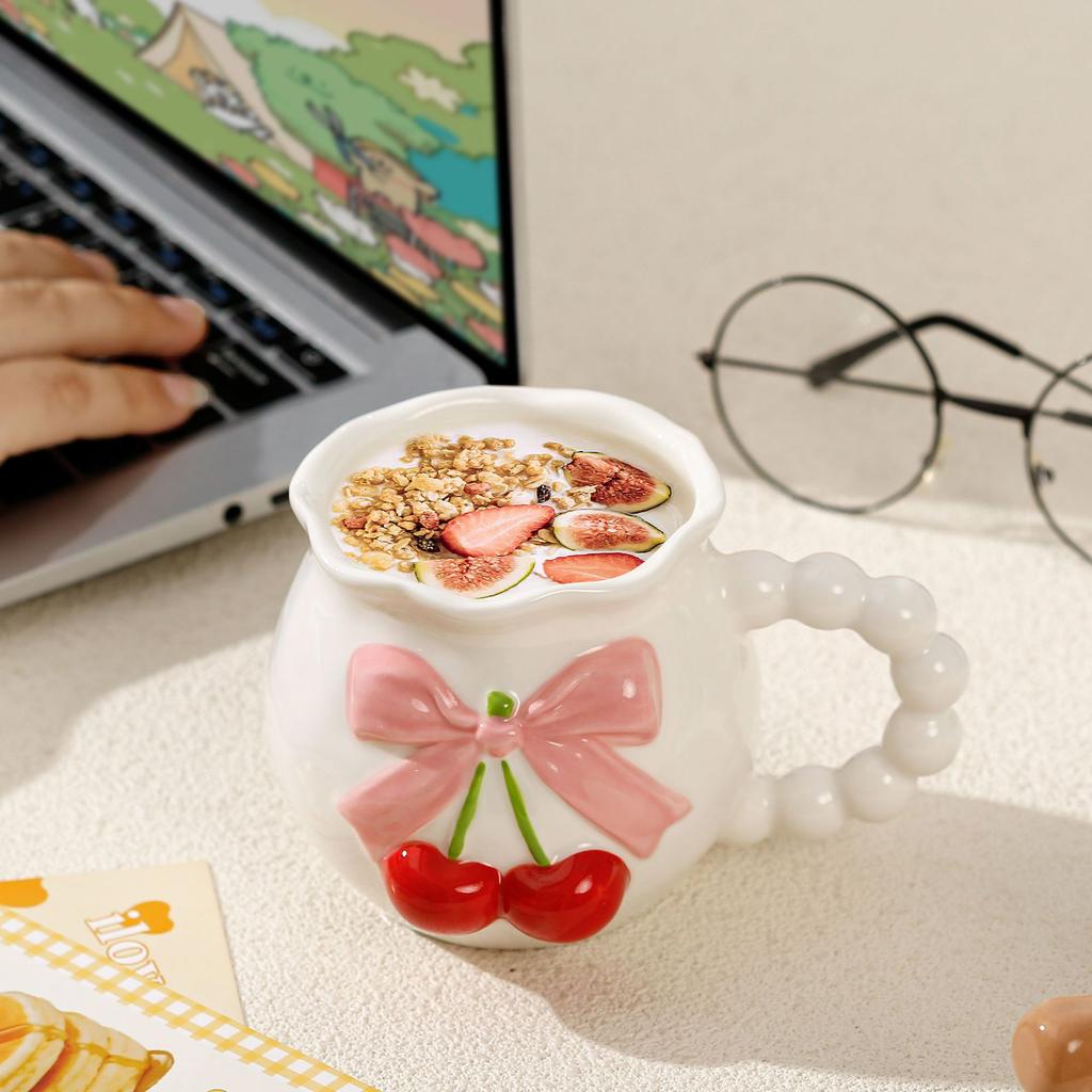 Geprägte Schleife Kirsche Keramiktasse Rosa Mädchenherz Bürotasse Unterglasur Keramiktasse Souvenir