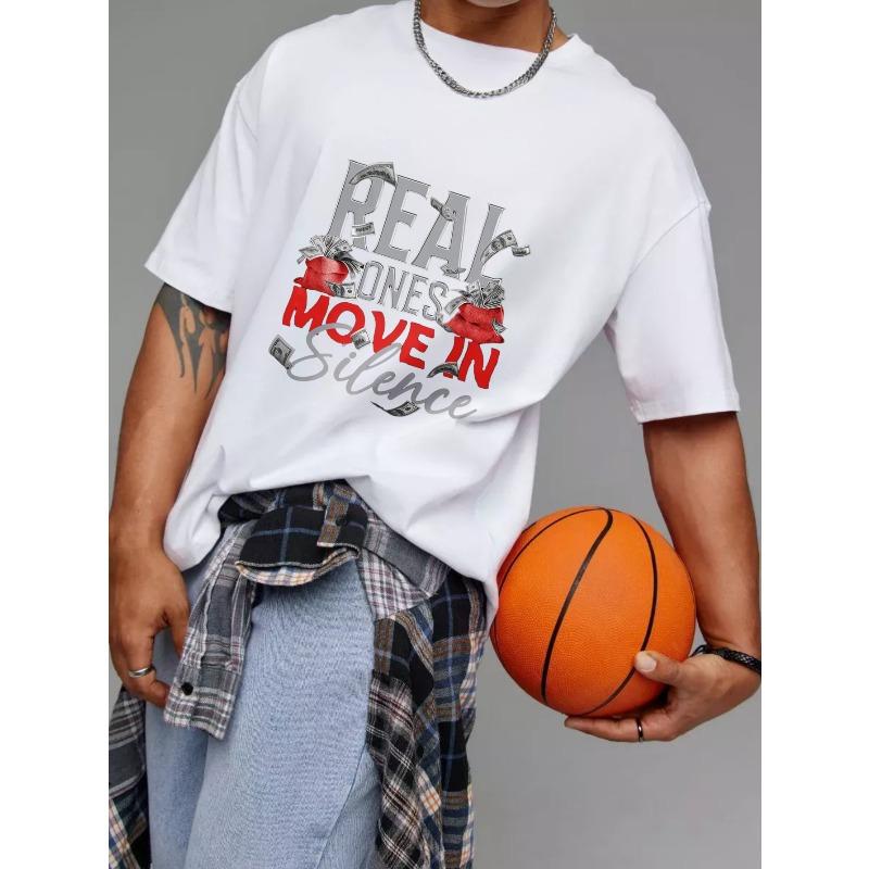White T Shirt Real Ones Move in Silence Money Bag Graphic Print Streetwear Casual Wear for Men