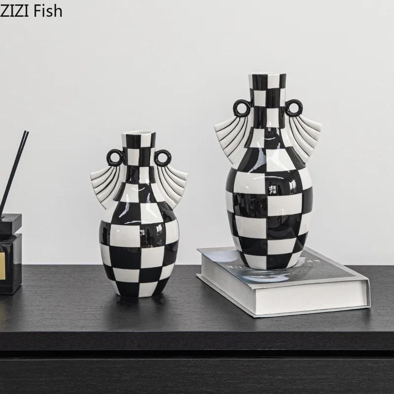 Black and White Checkered Pattern Geometric Ceramic Vase Table Decoration Flower Arrangement Flowers Vases Room Aesthetic Decor