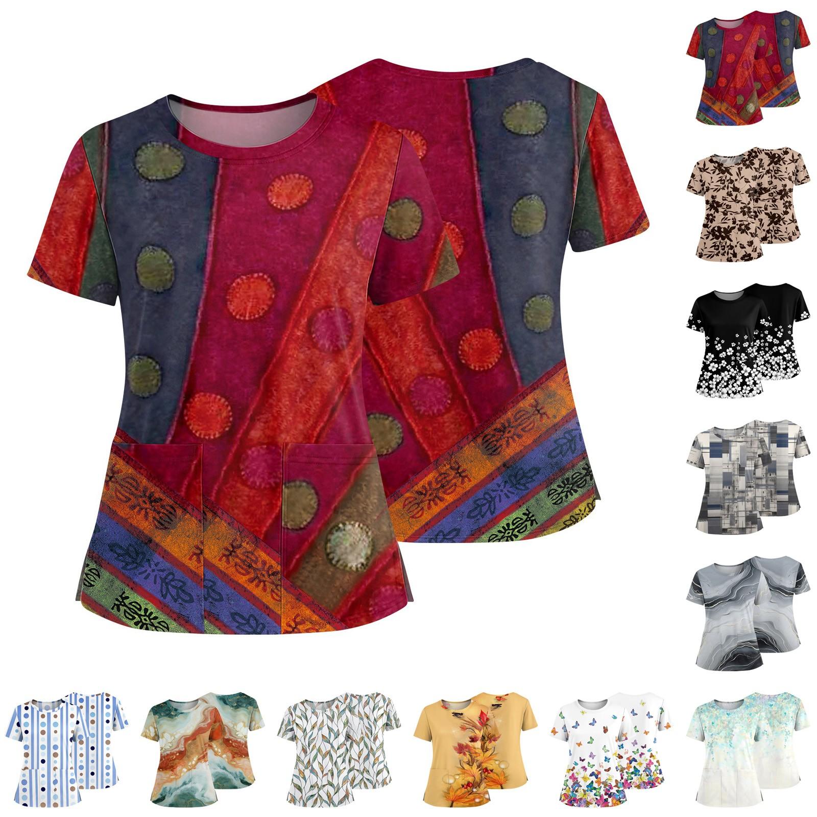 

Women s Fashionable Printed Round Neck Pocket Short Sleeved Shirt With Slit Hem Uniform And Worker s Top XL білий