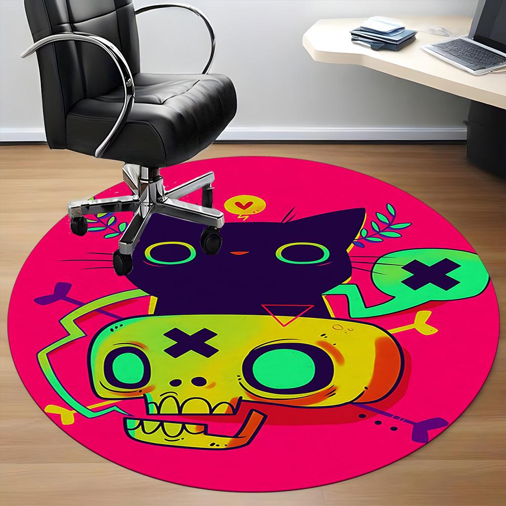 1pc Cat Skull Office Round Area Rug, Under Office Chairs Bedroom Living Room Home Decor, Room Deco