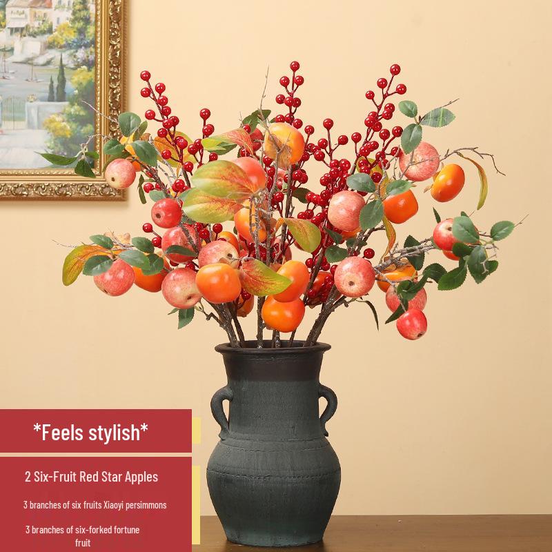 Artificial Pomegranate Persimmon Branch: Red Berry Fruit for Living Room or Entrance Hall Decoration - Chinese Style