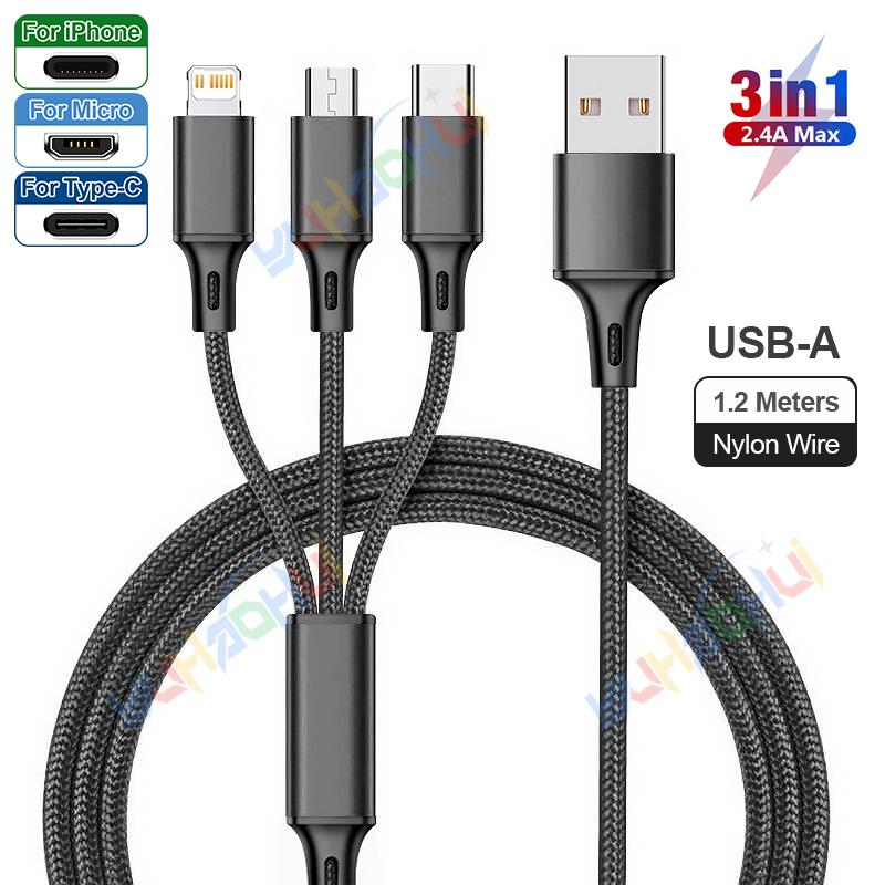 2.4A Max 3 w 1 kabel USB szybkie ładowanie kabel błyskawicy do iPhone'a typu C kabel do ładowania telefonu komórkowego do Xiaomi Samsung USB Micro