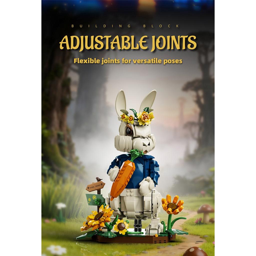 Creative architectural building blocks, pastoral style rabbit, 1258 pieces, animal models, home decoration, rural flowers, rabbit, assembly toys