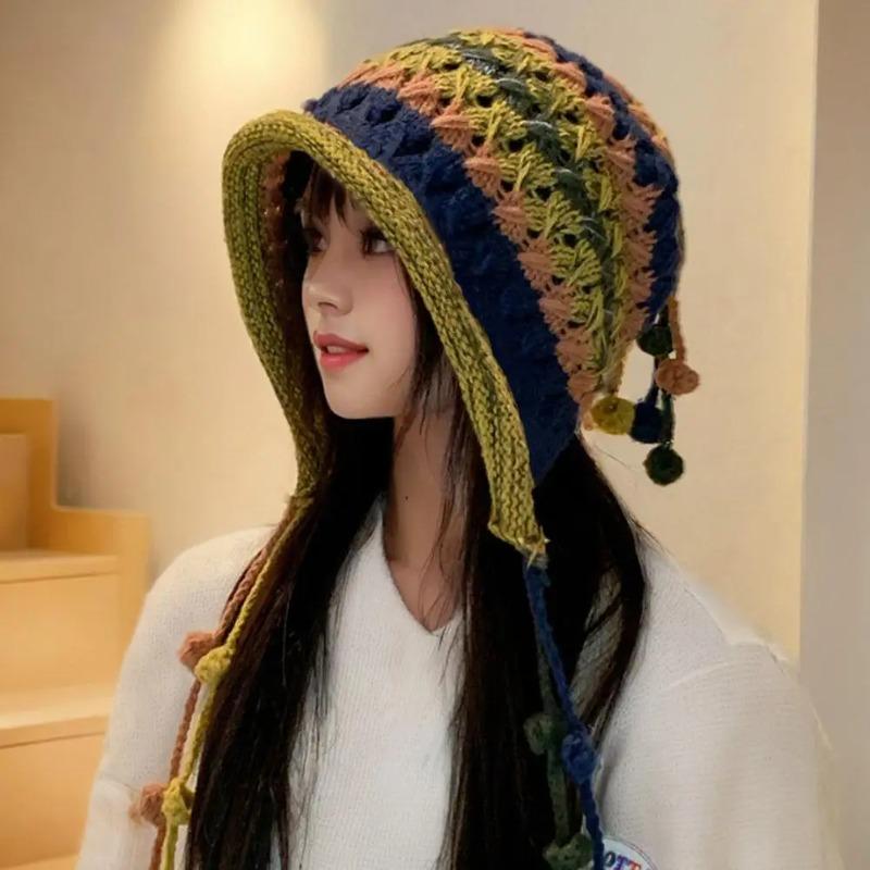 1pc Korean Imitation Handmade Crochet Colored Yarn Hat For Women Winter Fashion Nitted Beanie Cap Hm Earflap Tassel Pompom Hat